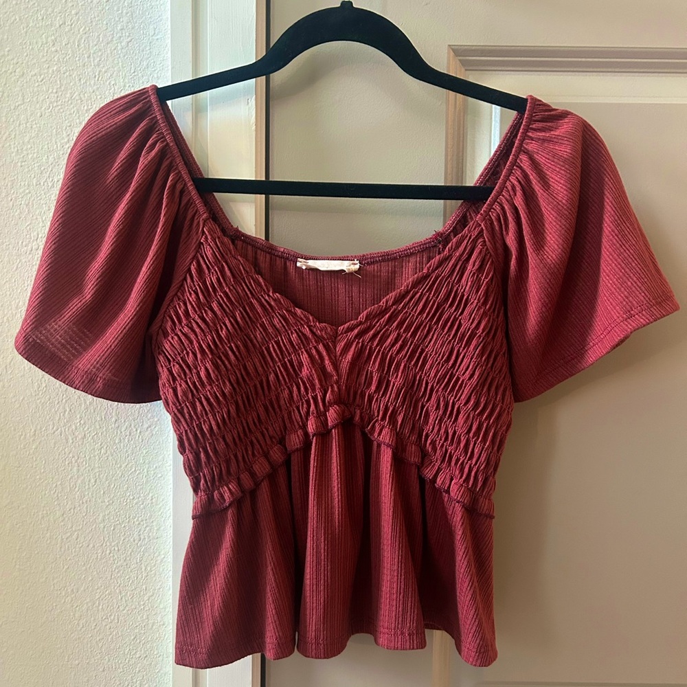 NEW Altard State (S) Babydoll Short Sleeve Top V Neck Burgundy Maroon Blouse